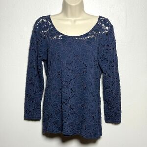 Peck & Peck Weekend Womens Blouse M Blue Floral Cutout Lace Gilmore‎ Whimsigoth